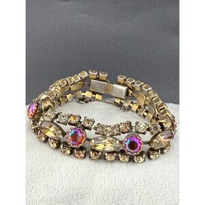 Vintage Regency Rhinestone Bracelet‎ Signed Gold Tone AB Signed  7"